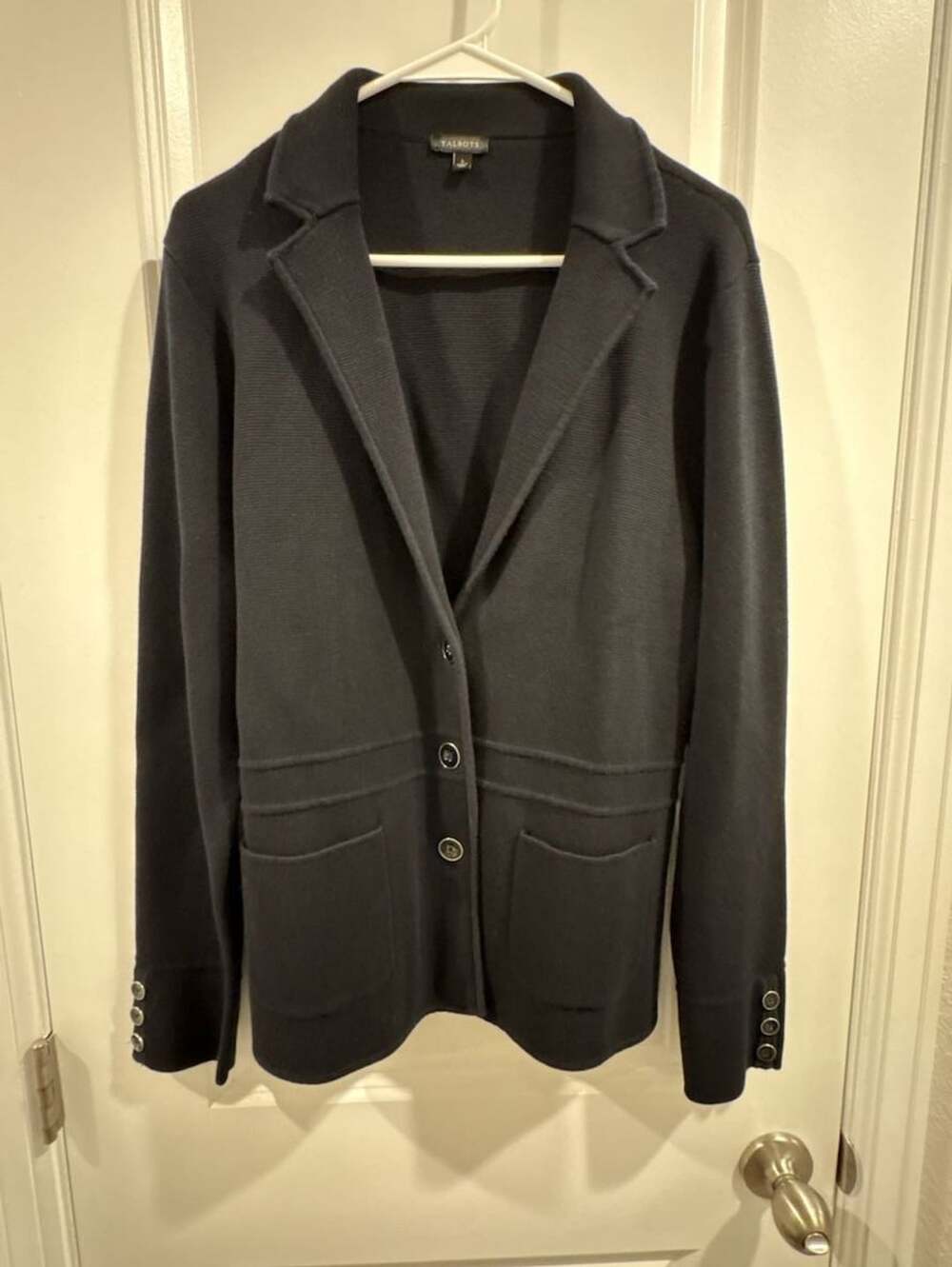 Talbots Knit Blazer Size L Black Cotton Blend Cardigan Sweater Jacket